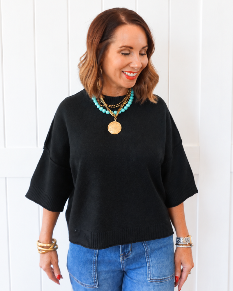 Black Short Sleeve Sweater Top