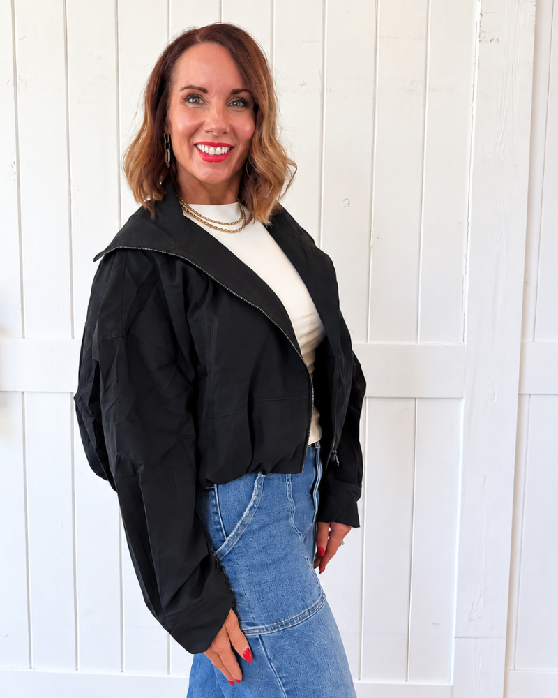 Black Cropped Bomber Jacket