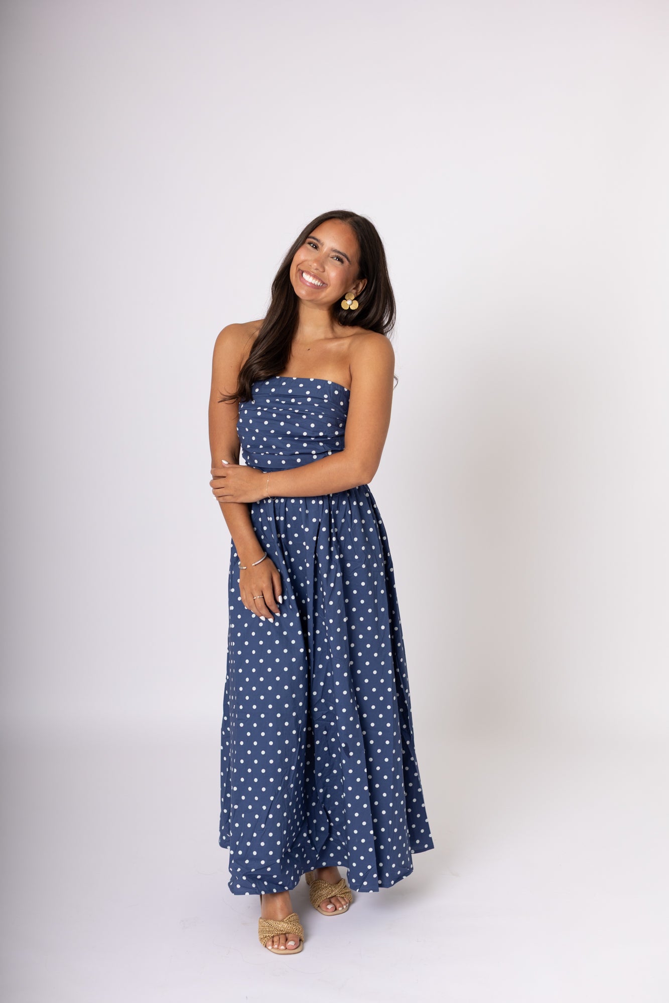Navy Polka Dot Strapless Maxi Dress