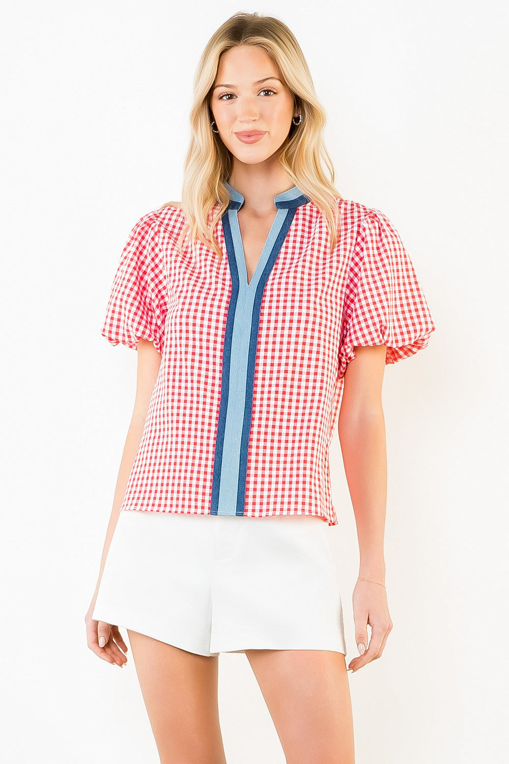 Red Gingham Puff Sleeve Top