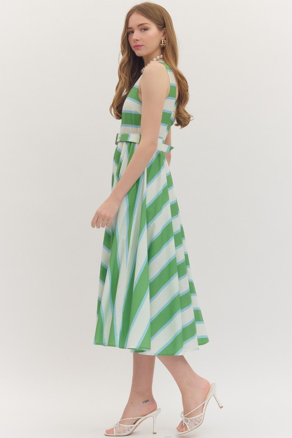 Green and White Striped Midi Dress