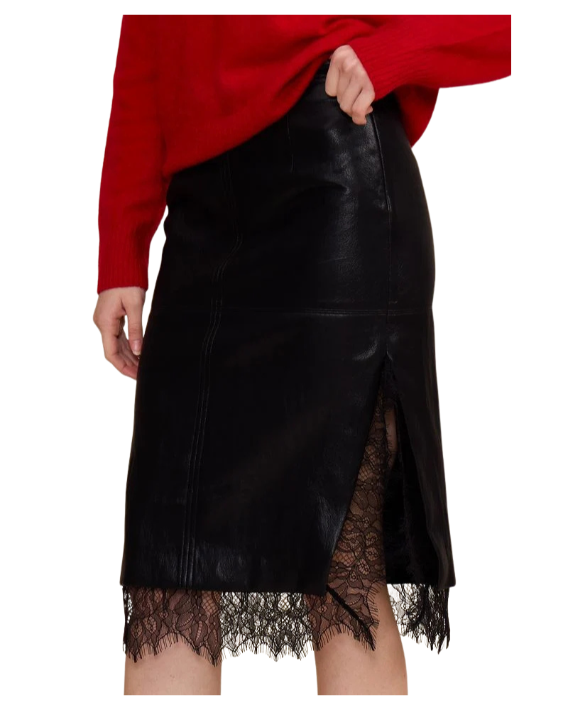 Black Leather Lace Trim Skirt