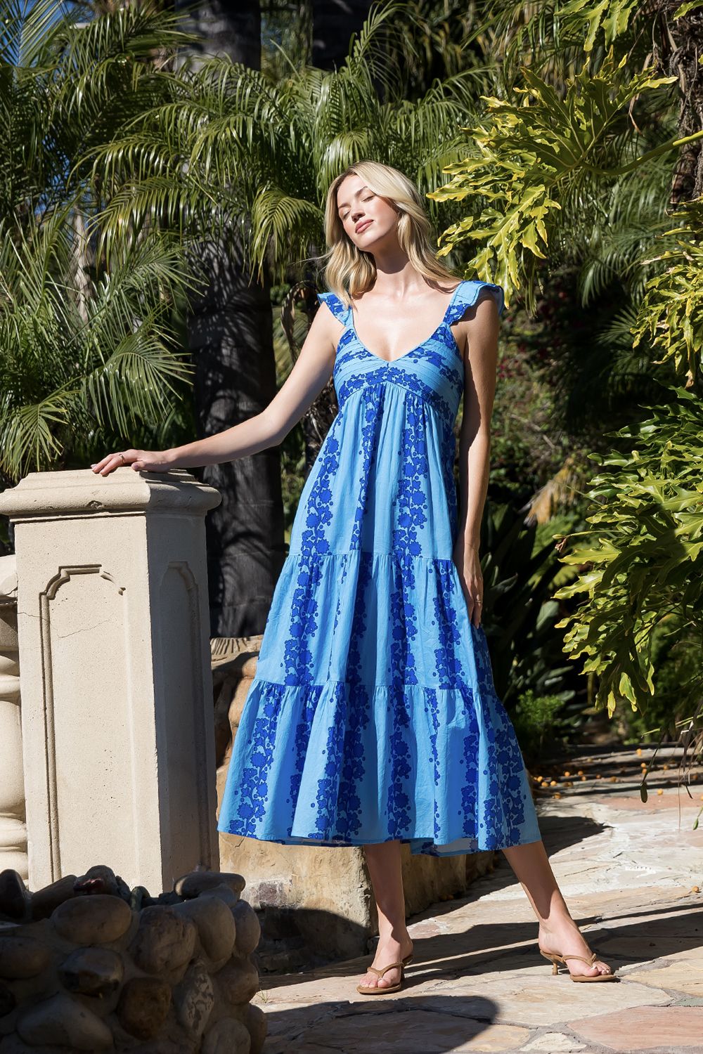 Blue Flutter Sleeve Midi Dress