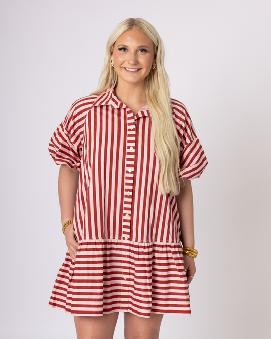 Red and White Striped Button Down Dress