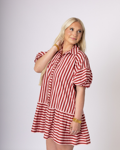 Red and White Striped Button Down Dress