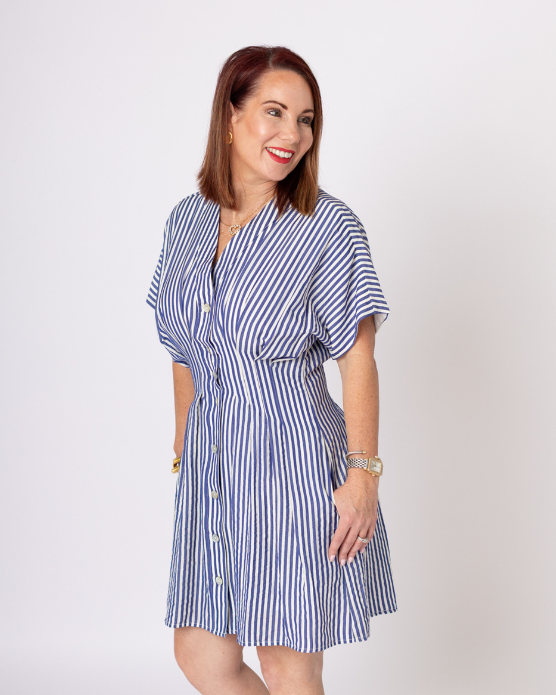 Short Sleeve Striped Button Down Dress