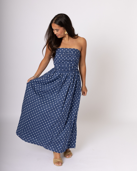 Navy Polka Dot Strapless Maxi Dress