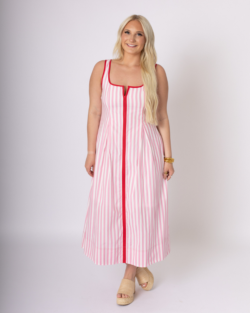 Pink and White Striped Midi Dress