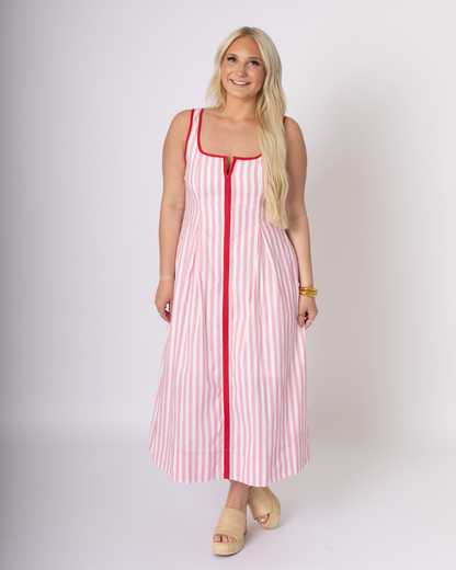 Pink and White Striped Midi Dress