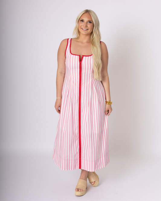 Pink and White Striped Midi Dress