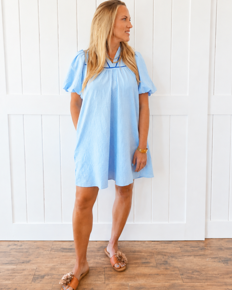 Blue Bubble Seersucker Dress