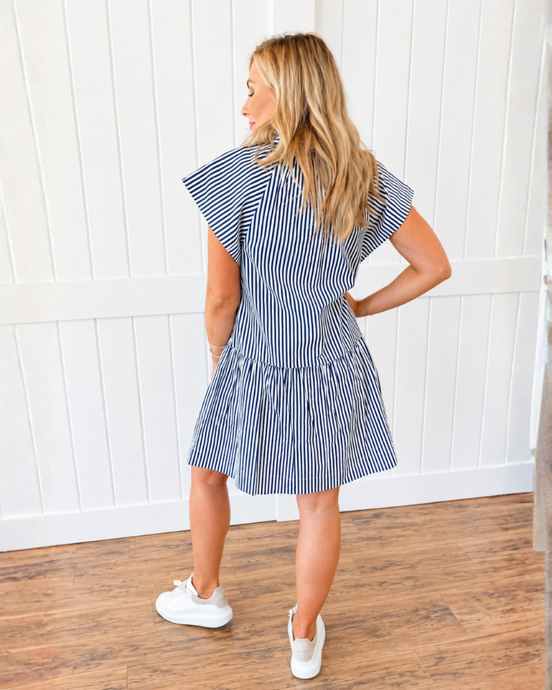Navy Striped Ruffle Neck Mini Dress