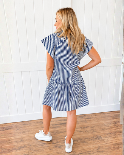 Navy Striped Ruffle Neck Mini Dress