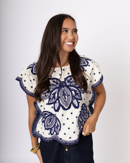 Navy Embroidery Top
