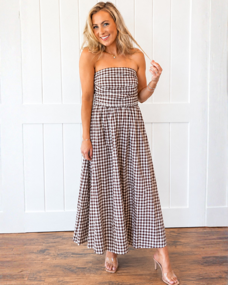 Brown Gingham Tube Maxi Dress