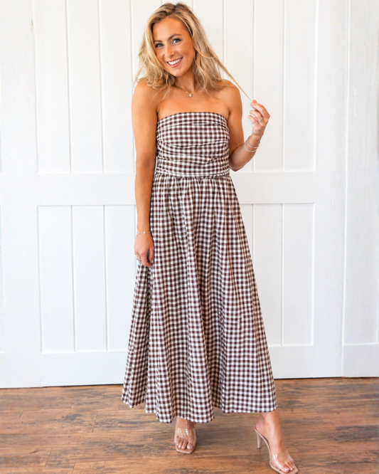 Brown Gingham Tube Maxi Dress