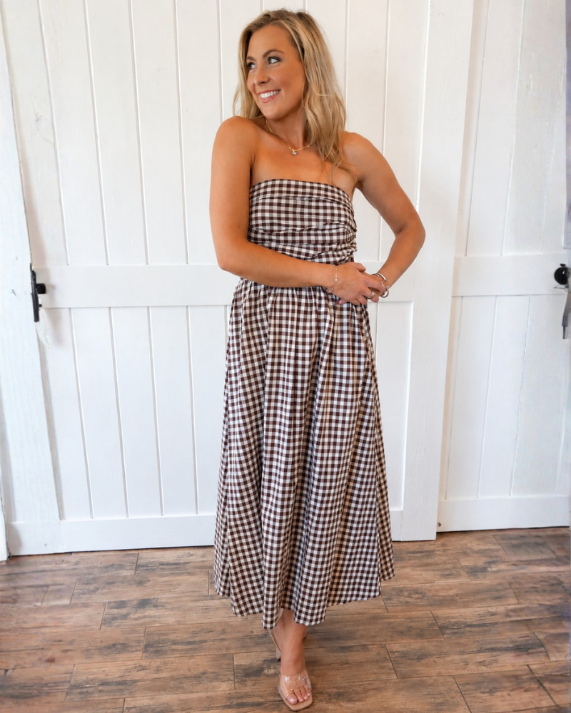Brown Gingham Tube Maxi Dress