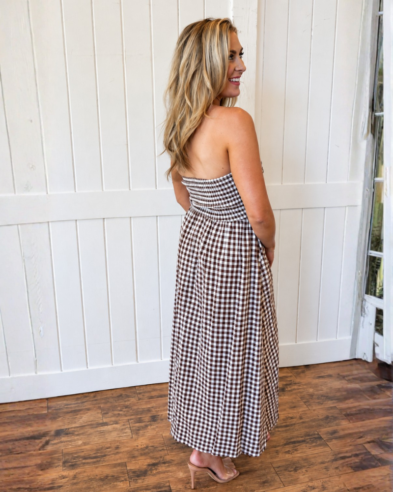 Brown Gingham Tube Maxi Dress