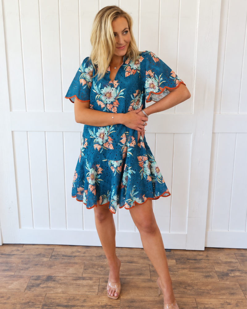 Teal Eyelet Mini Dress