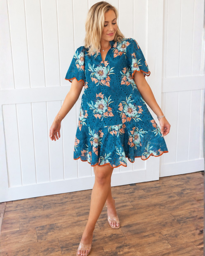 Teal Eyelet Mini Dress
