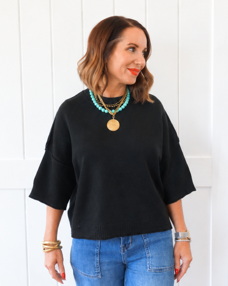 Black Short Sleeve Sweater Top