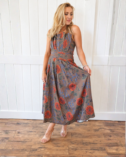 Brown Floral Midi Dress