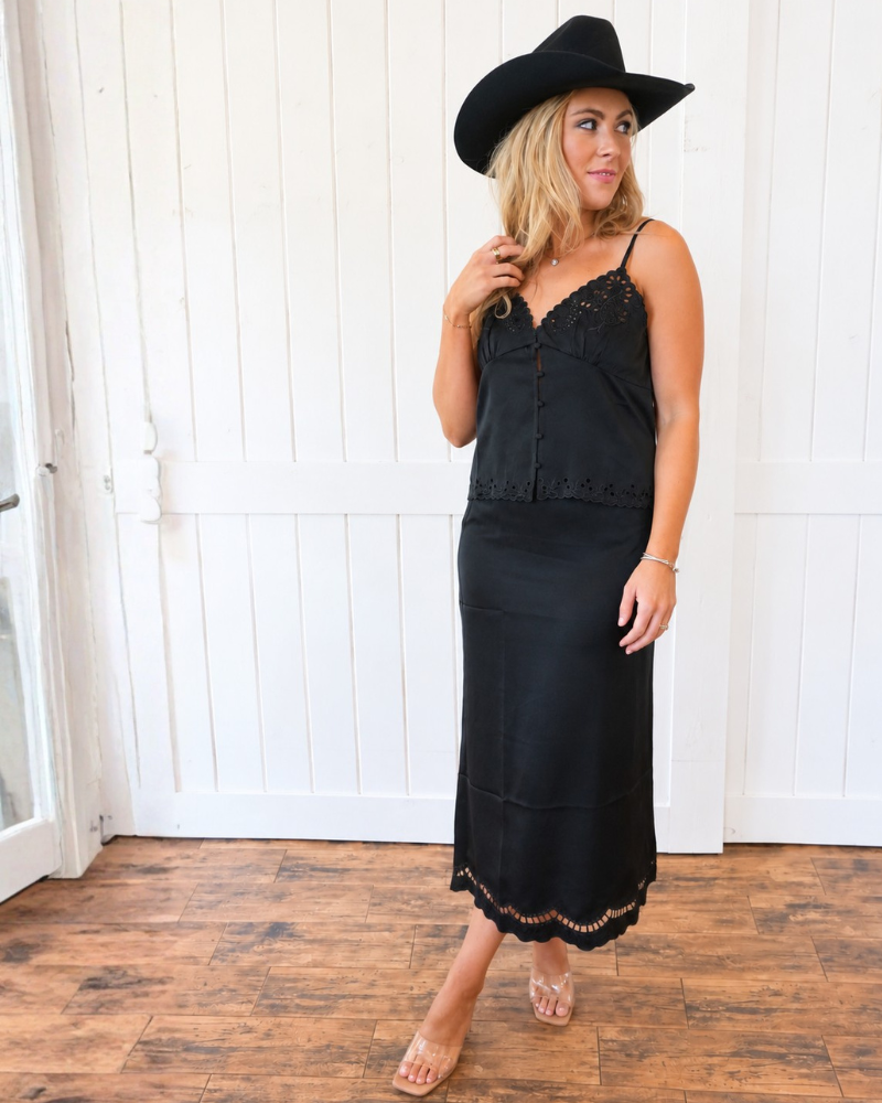 Black Satin Scalloped Skirt