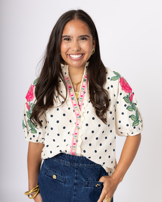 Embroidery Puff Sleeve Polka Dot Top