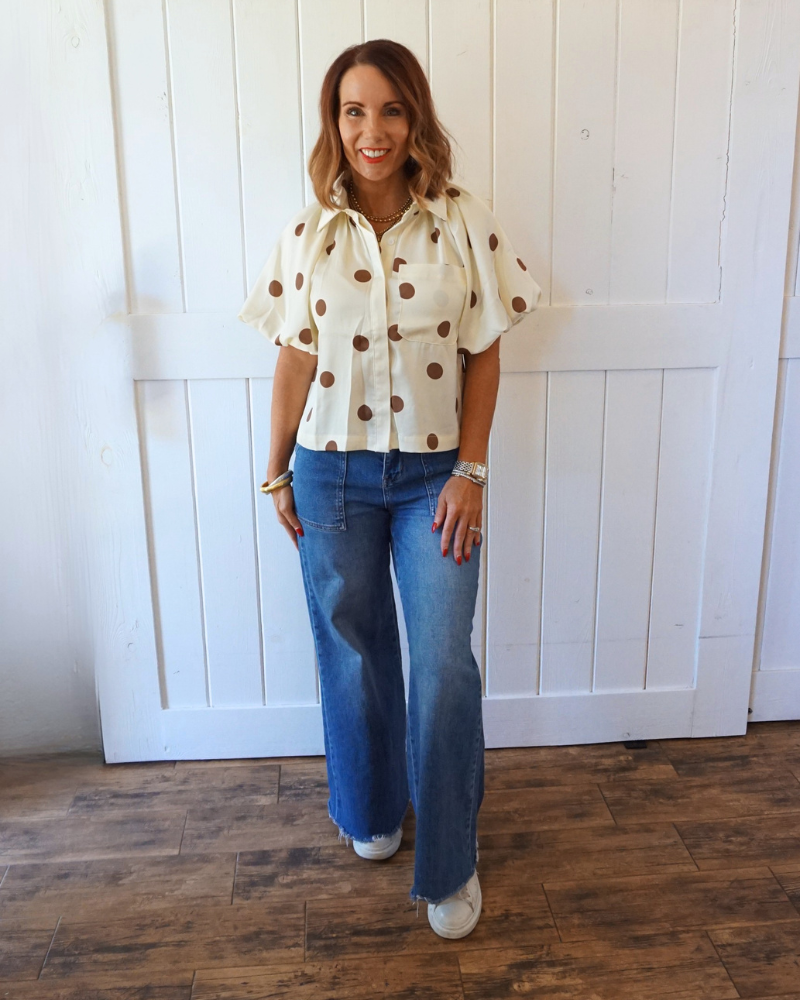 Brown and Ivory Polka Dot Puff Sleeve Blouse