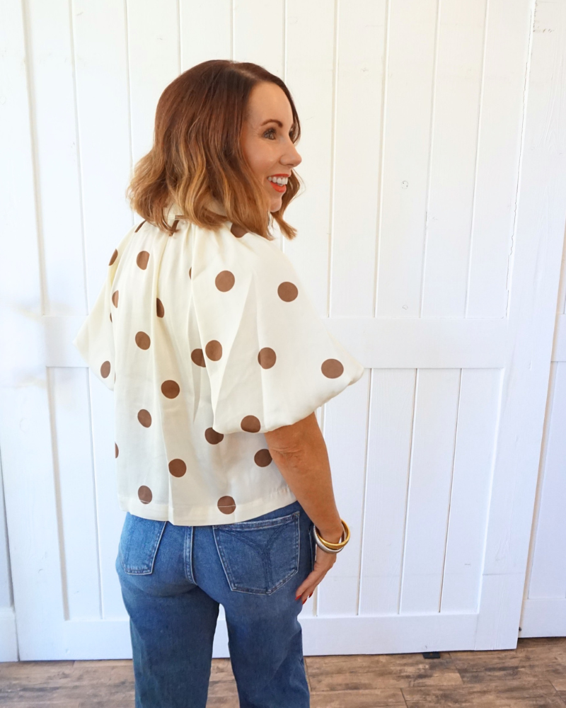 Brown and Ivory Polka Dot Puff Sleeve Blouse