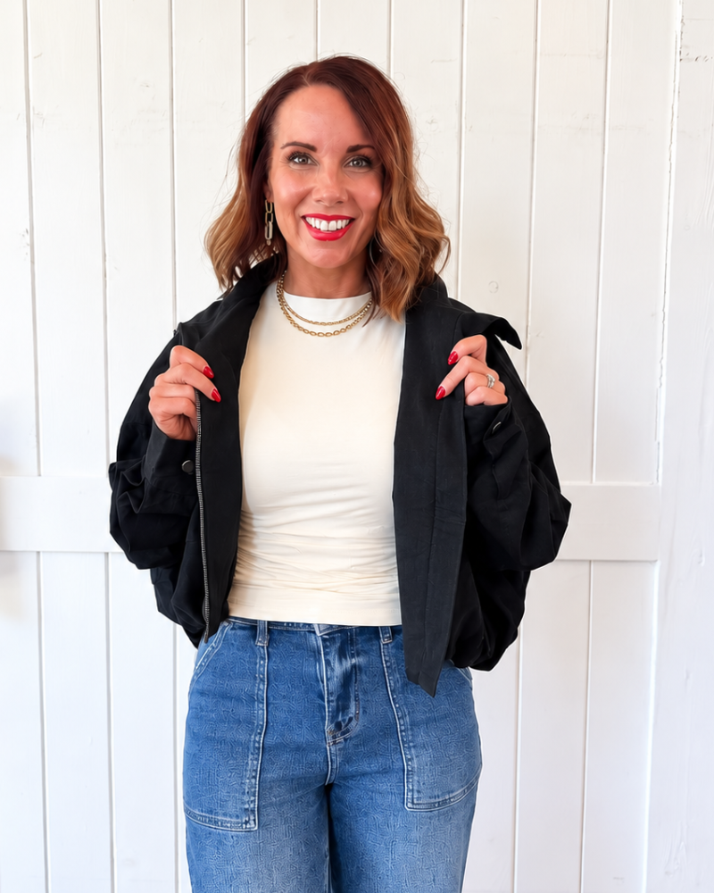 Black Cropped Bomber Jacket