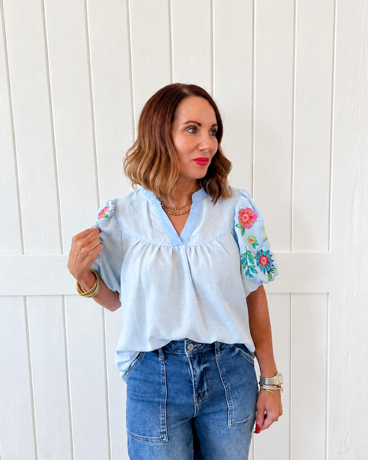 Blue Balloon Sleeve Vneck Top