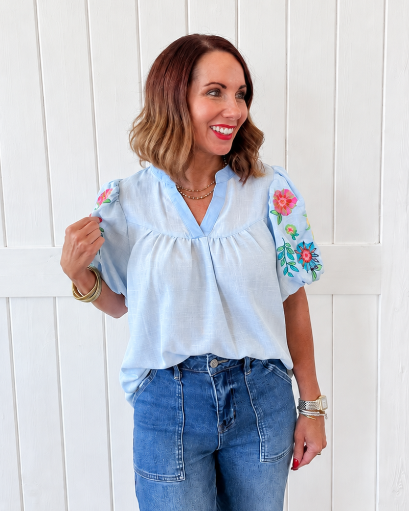 Blue Balloon Sleeve Vneck Top