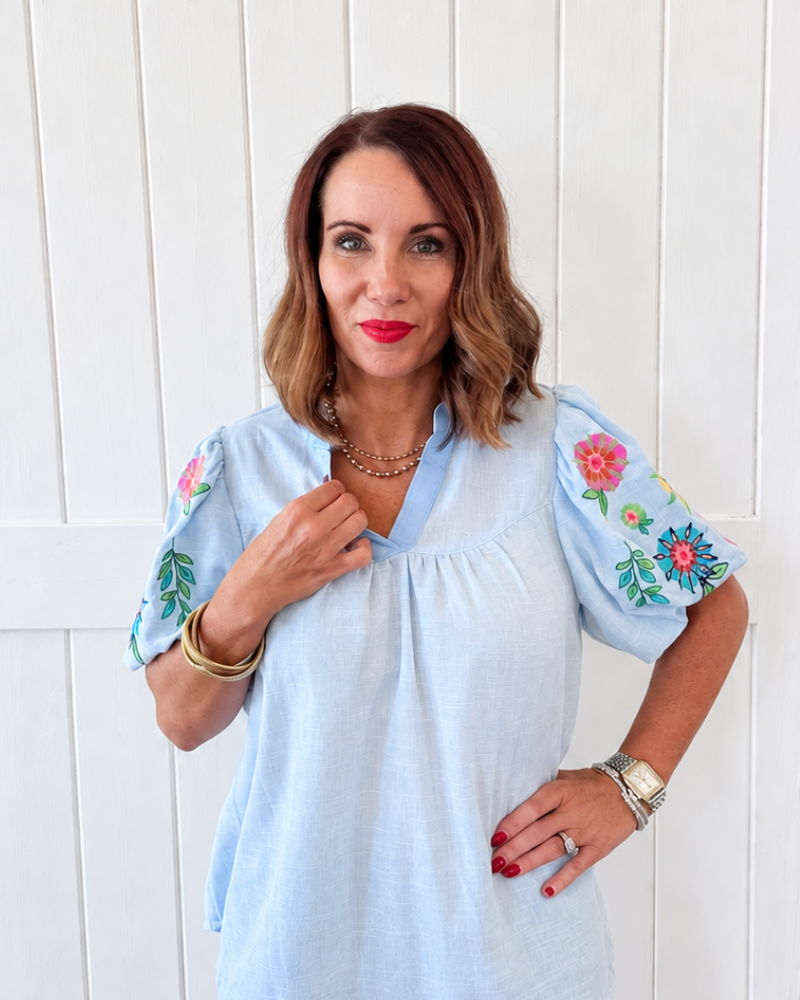 Blue Balloon Sleeve Vneck Top