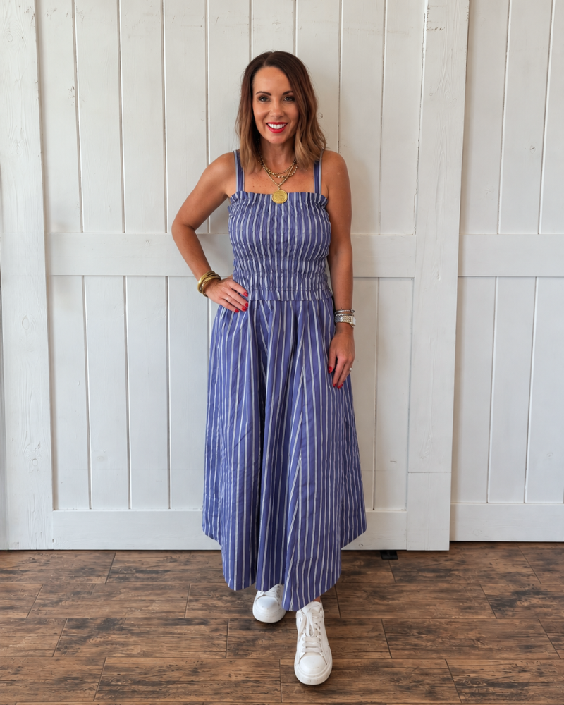Purple/White Striped Midi Dresss