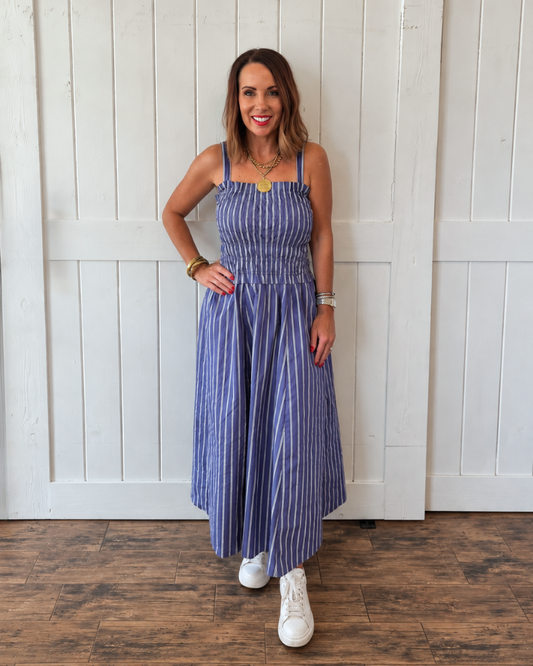Purple/White Striped Midi Dresss