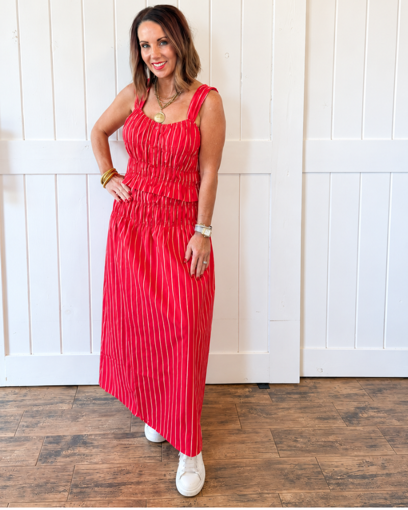 Red/White Striped Cropped Skirt Set