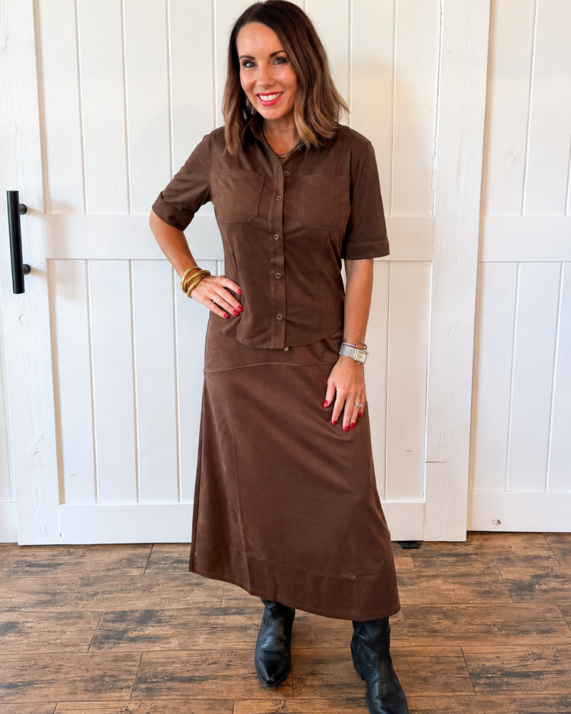 Brown Suede Flare Midi Skirt