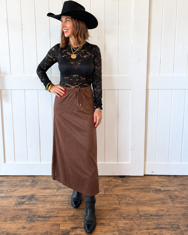 Brown Suede Flare Midi Skirt