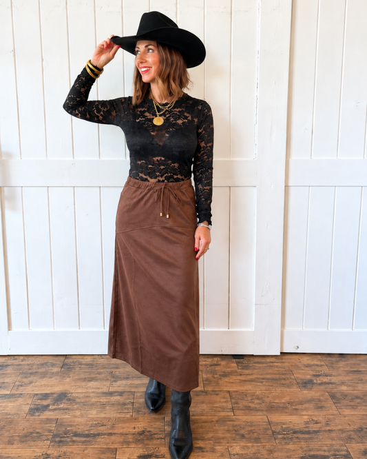 Brown Suede Flare Midi Skirt