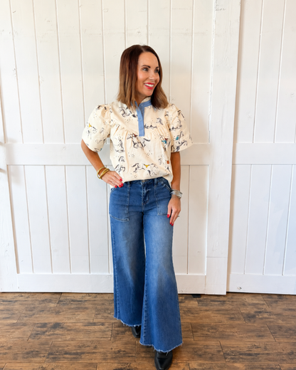 Cream Horse Embroidered Top