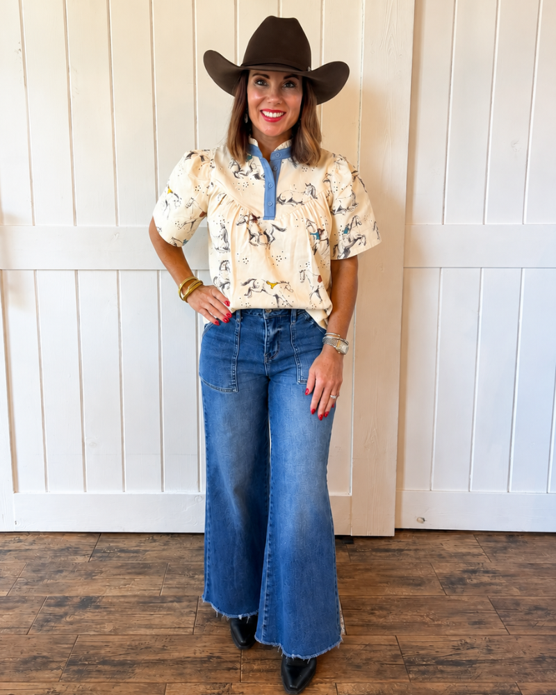 Cream Horse Embroidered Top