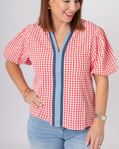 Red Gingham Puff Sleeve Top