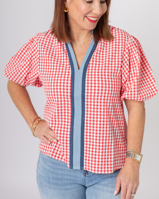 Red Gingham Puff Sleeve Top