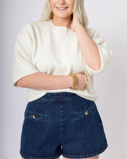 Cream Button Down Short Sleeve Sweater
