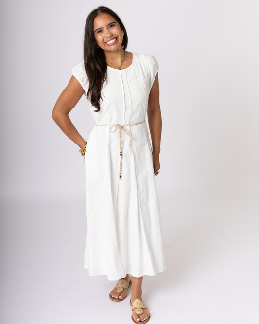 Pinch Rope Belt Cream Midi Dress