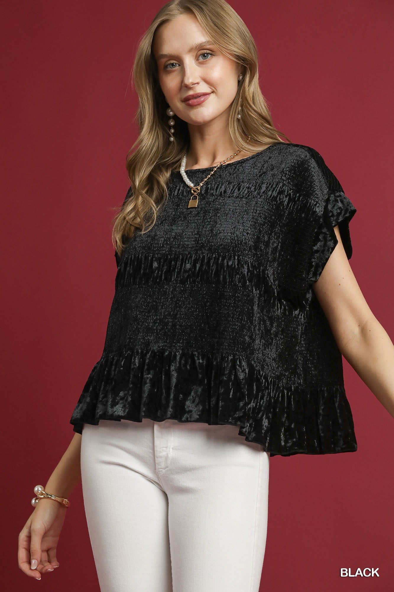 Velvet Ruffle Hem Smocked Blouse Set