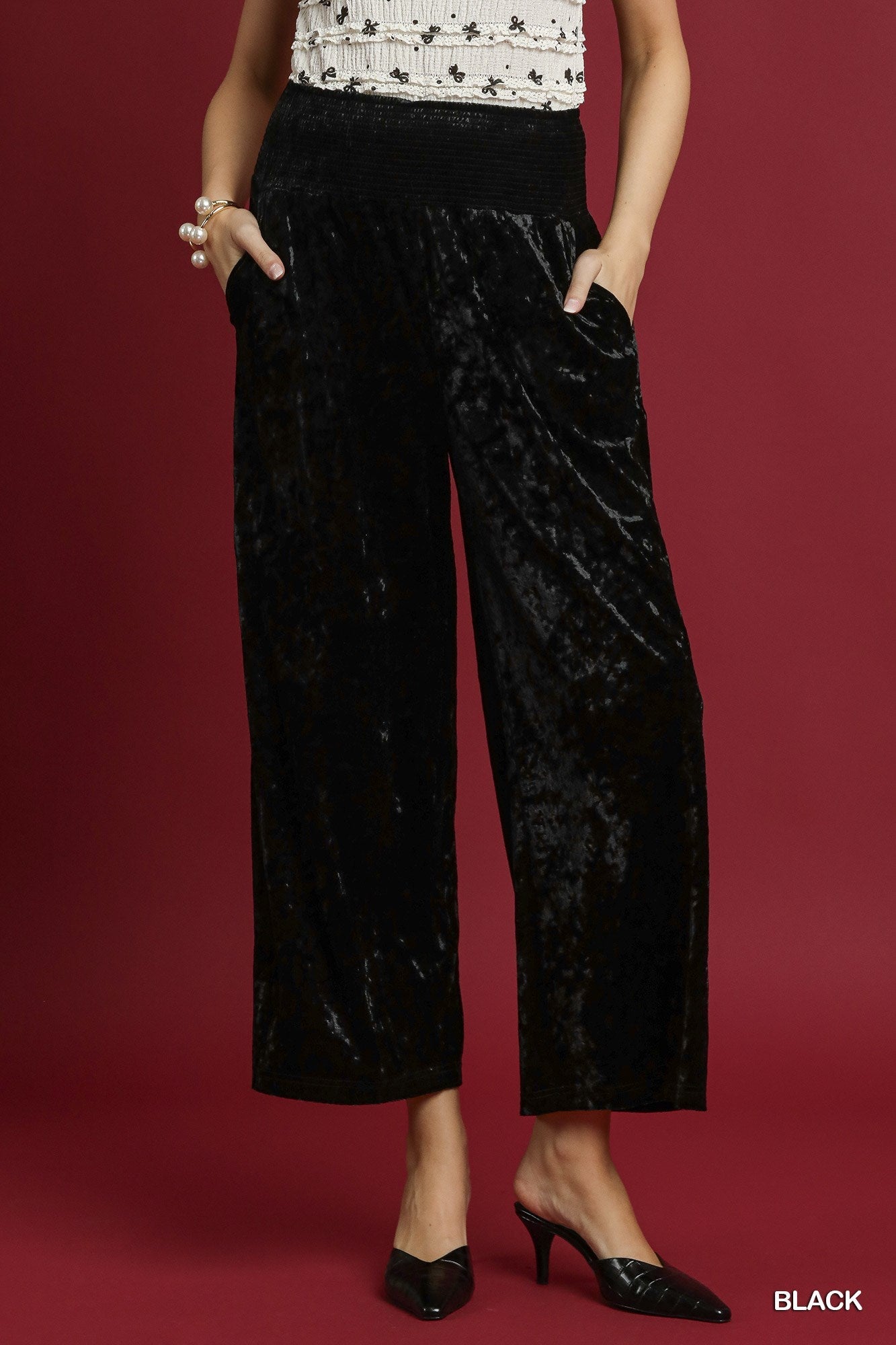 Velvet Ruffle Hem Smocked Blouse Set
