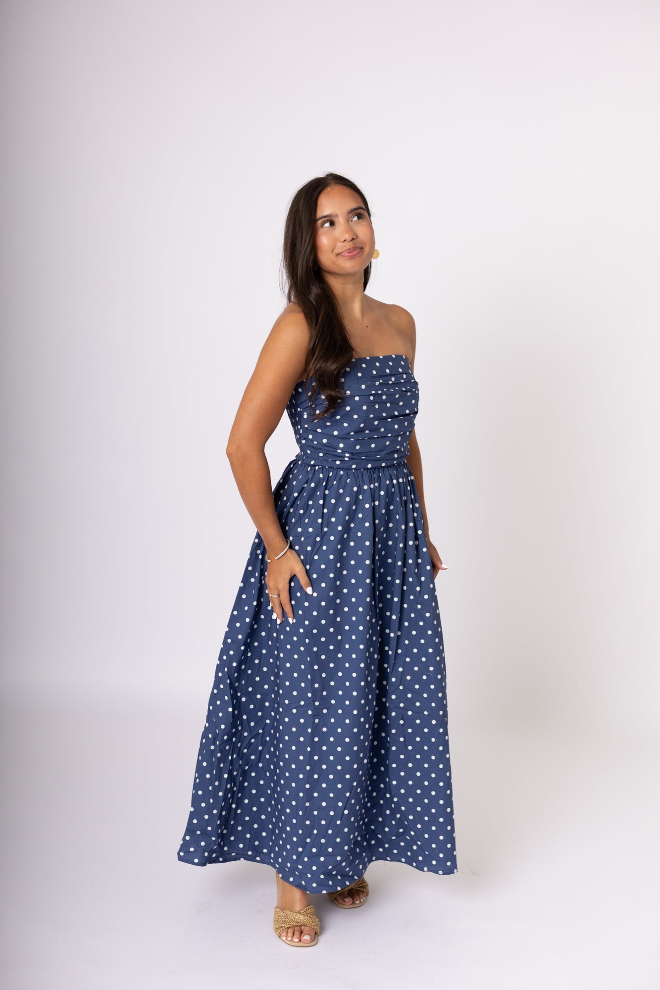 Navy Polka Dot Strapless Maxi Dress