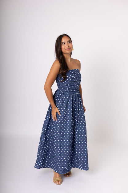 Navy Polka Dot Strapless Maxi Dress